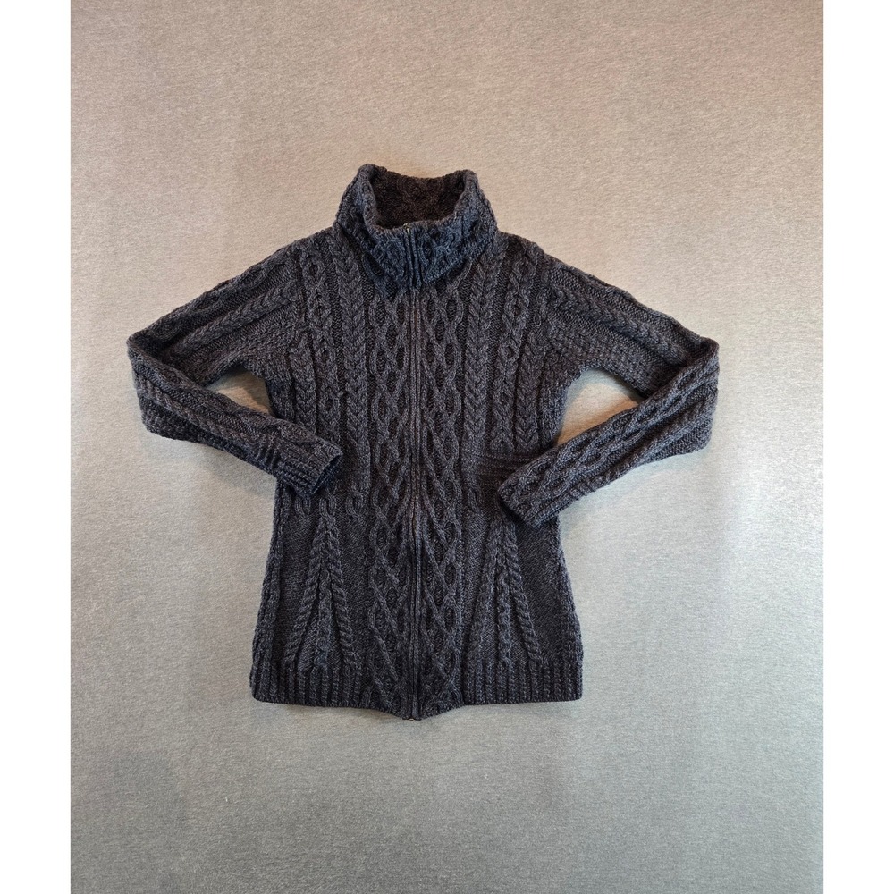 Aran Woollen Mills Sweater Women M Charcoal Grey Merino Wool Full Zip Cable Knit